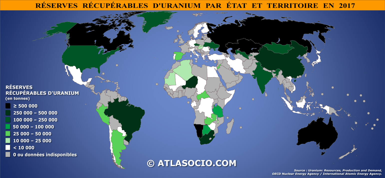 Carte du monde relative aux réserves récupérables d'uranium par État en 2017