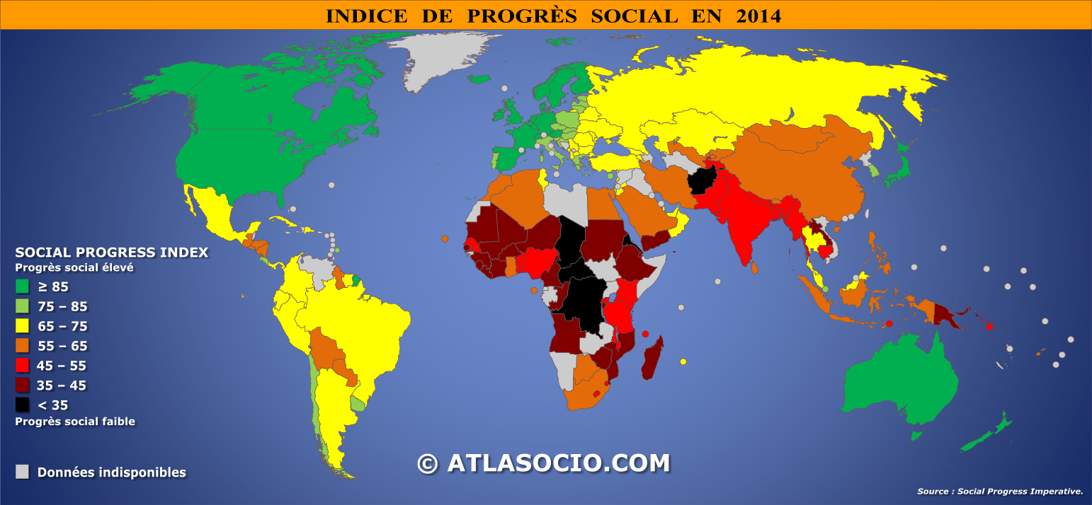 Carte du monde relative à l'indice de progrès social par État en 2014