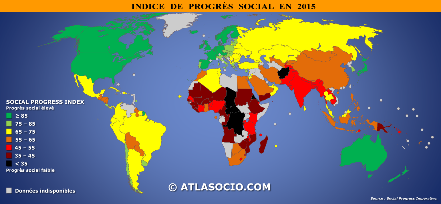 Carte du monde relative à l'indice de progrès social par État en 2015