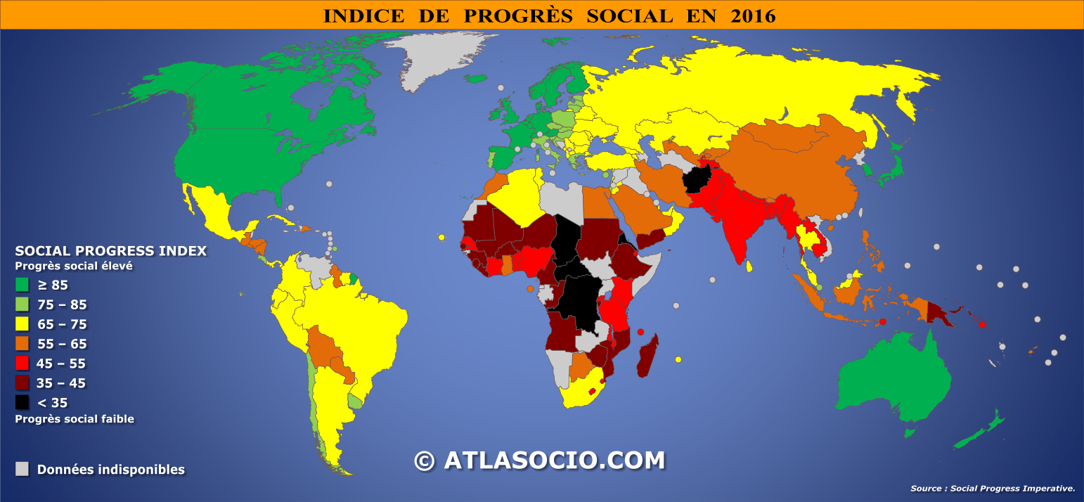 Carte du monde relative à l'indice de progrès social par État en 2016