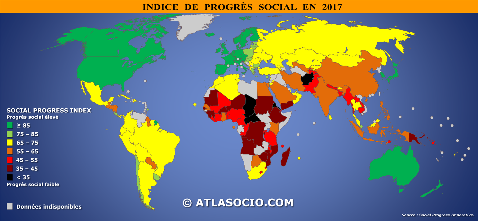 Carte du monde relative à l'indice de progrès social par État en 2017