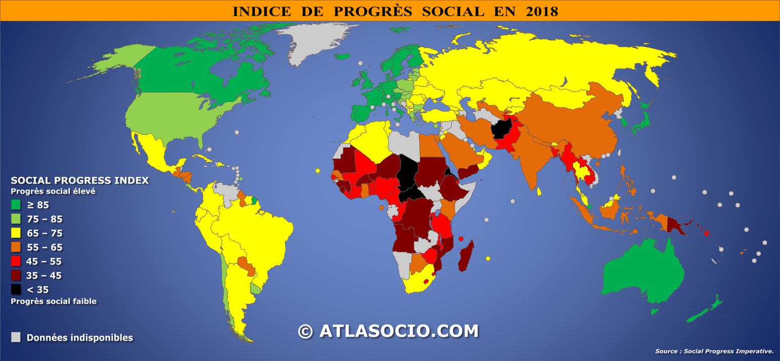Carte du monde relative à l'indice de progrès social par État en 2018