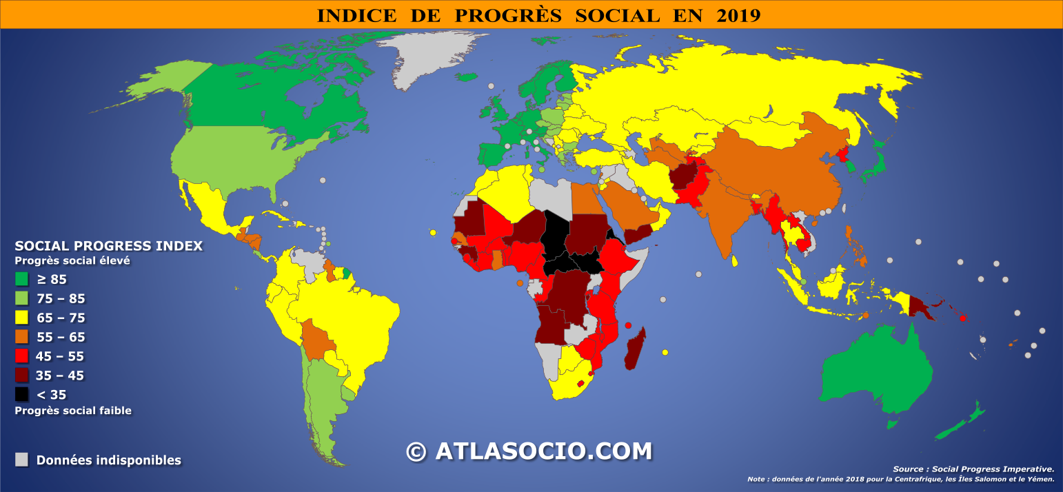 Carte du monde relative à l'indice de progrès social par État en 2019