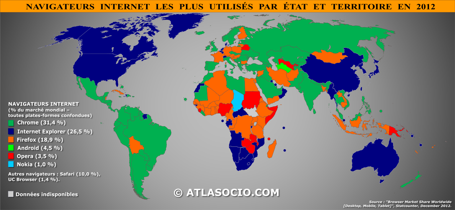 Carte des navigateurs Internet les plus utilisés par État en décembre 2012.