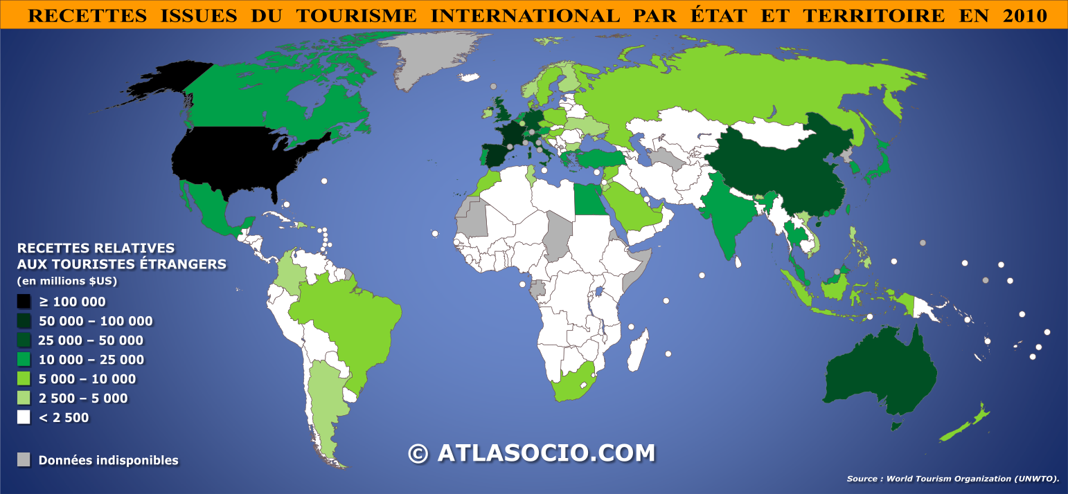 Carte du monde relative aux recettes issues du tourisme international par État en 2010