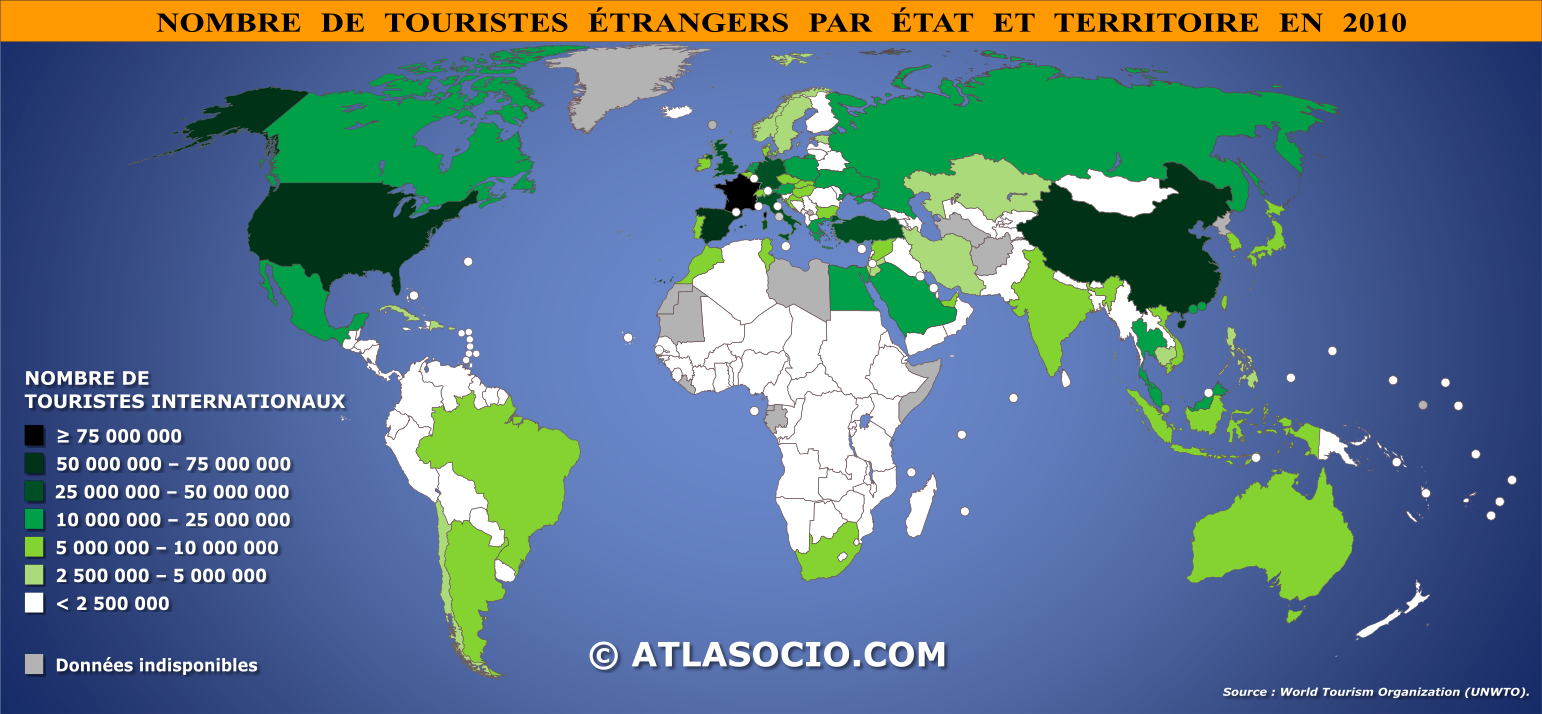 Carte du monde relative au nombre de touristes étrangers par État en 2010