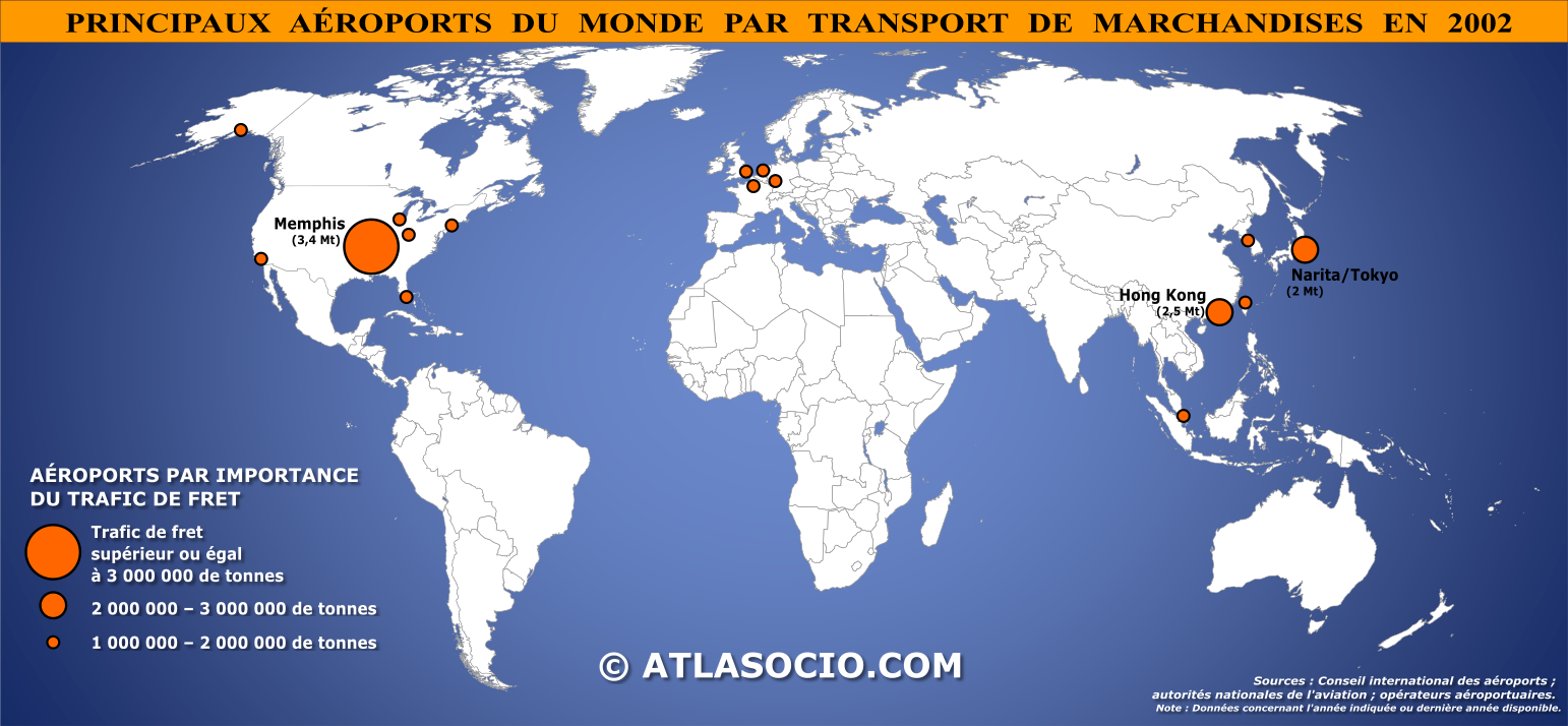Carte du monde des principaux aéroports par transport de marchandises (trafic de fret) en 2002