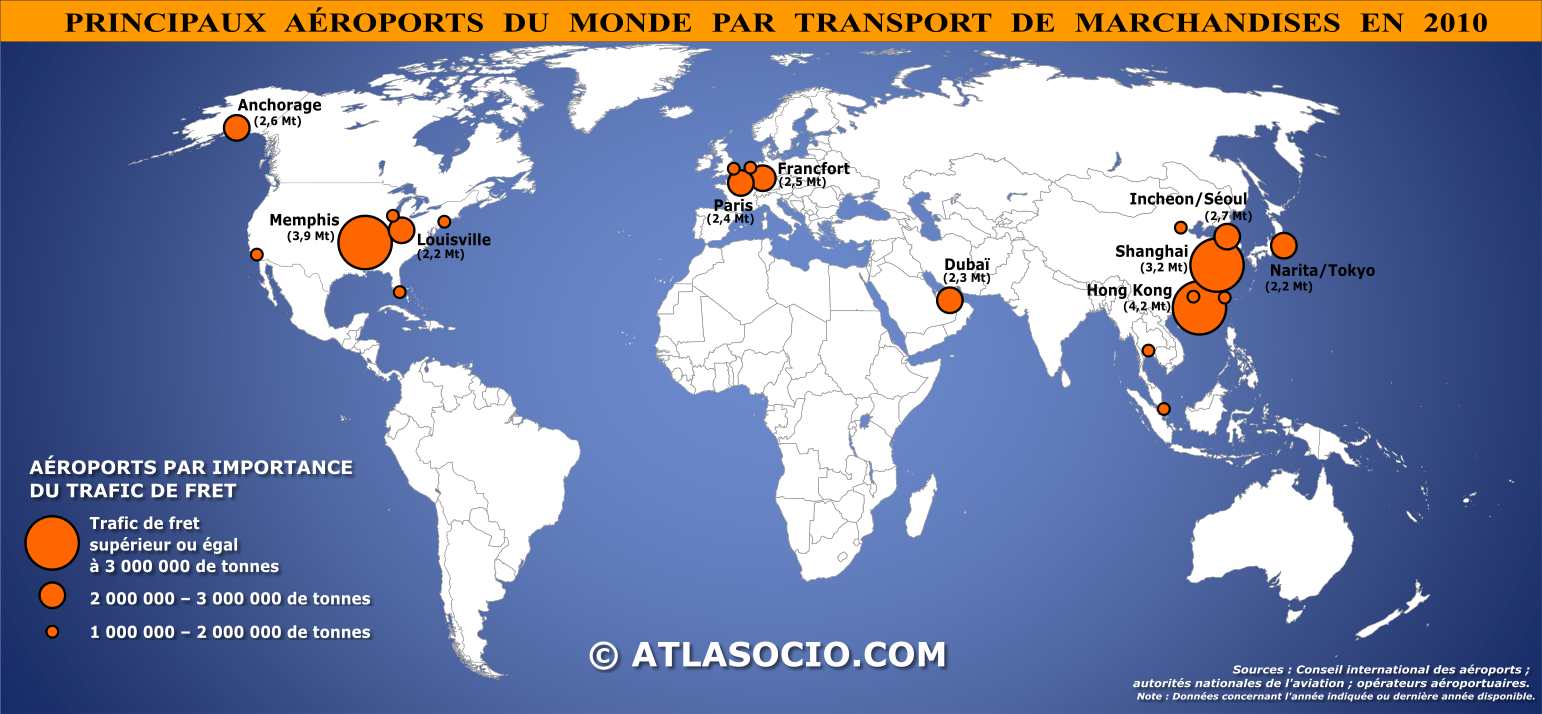 Carte du monde des principaux aéroports par transport de marchandises (trafic de fret) en 2010