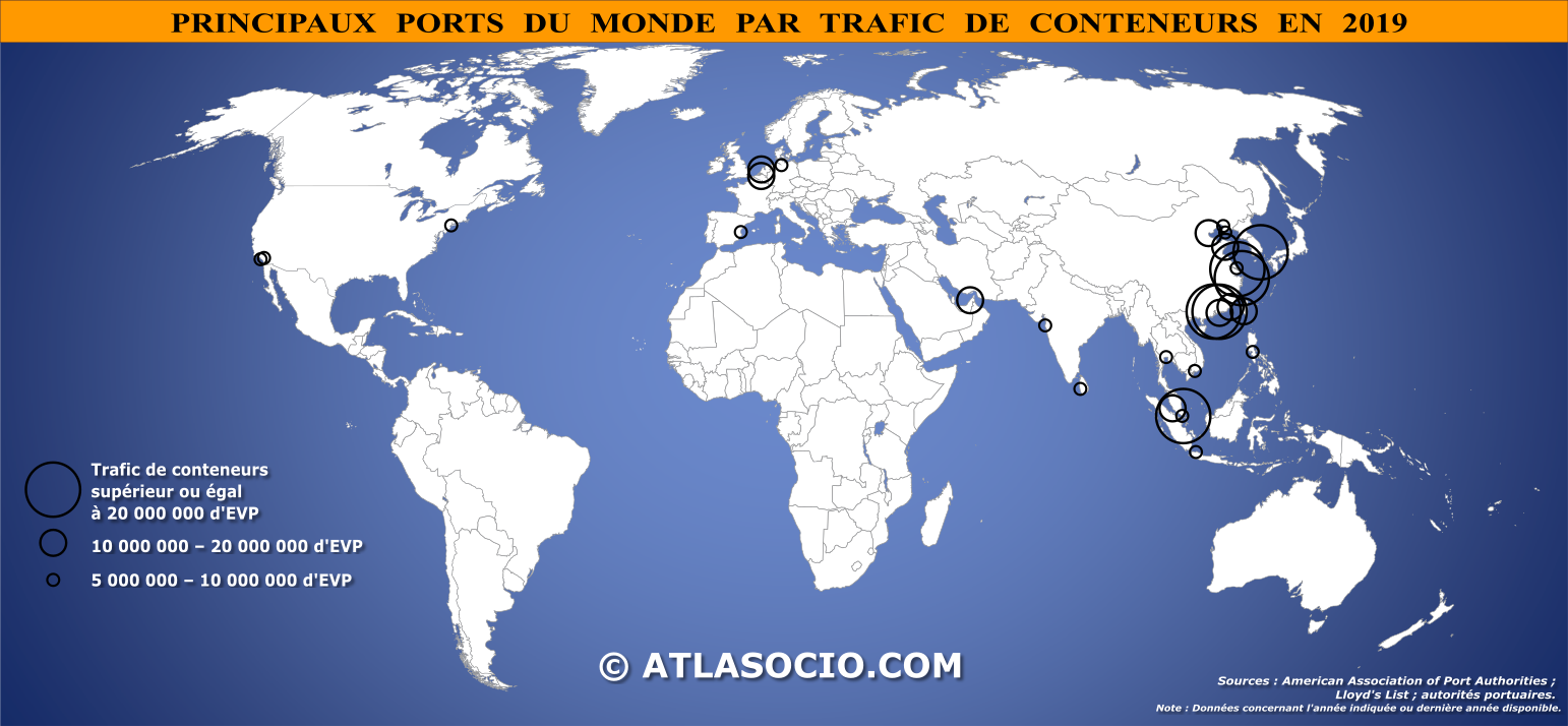 Carte du monde des principaux ports par trafic de conteneurs en 2019