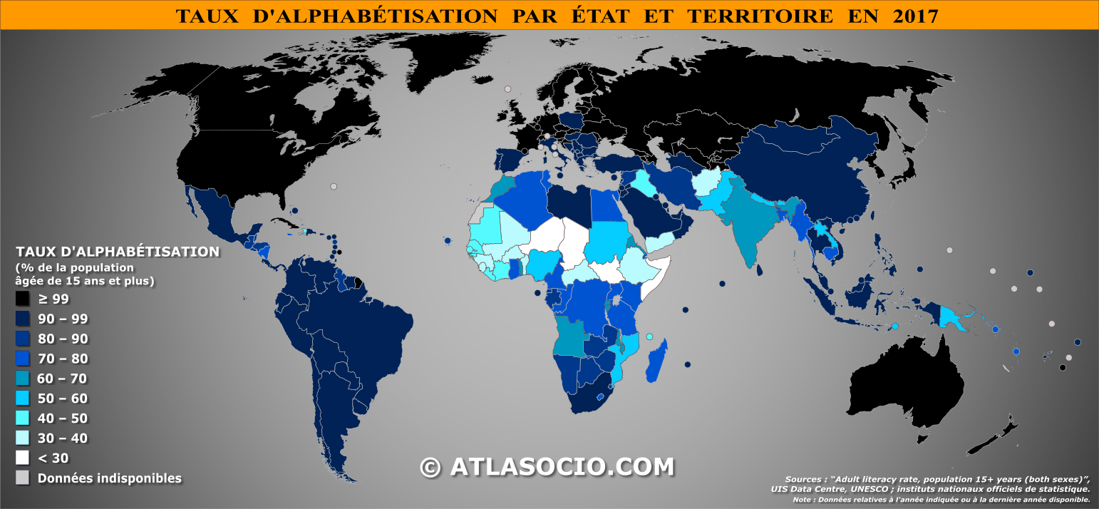 Carte du monde relative au taux d'alphabétisation par État en 2017 (graduation échelle 10%)