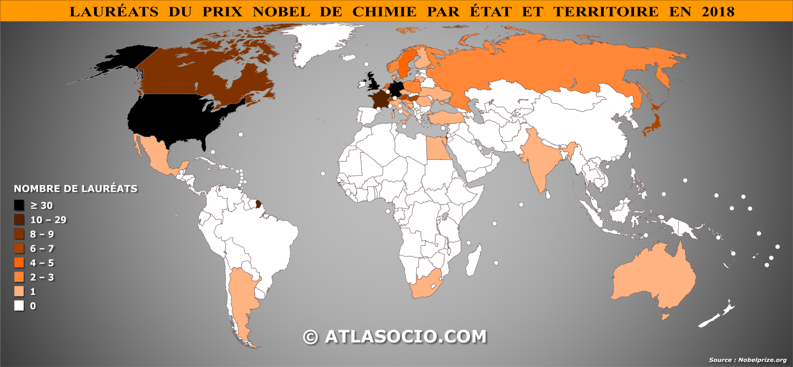 Carte du monde relative au nombre de Lauréats du prix Nobel de chimie par État en 2018
