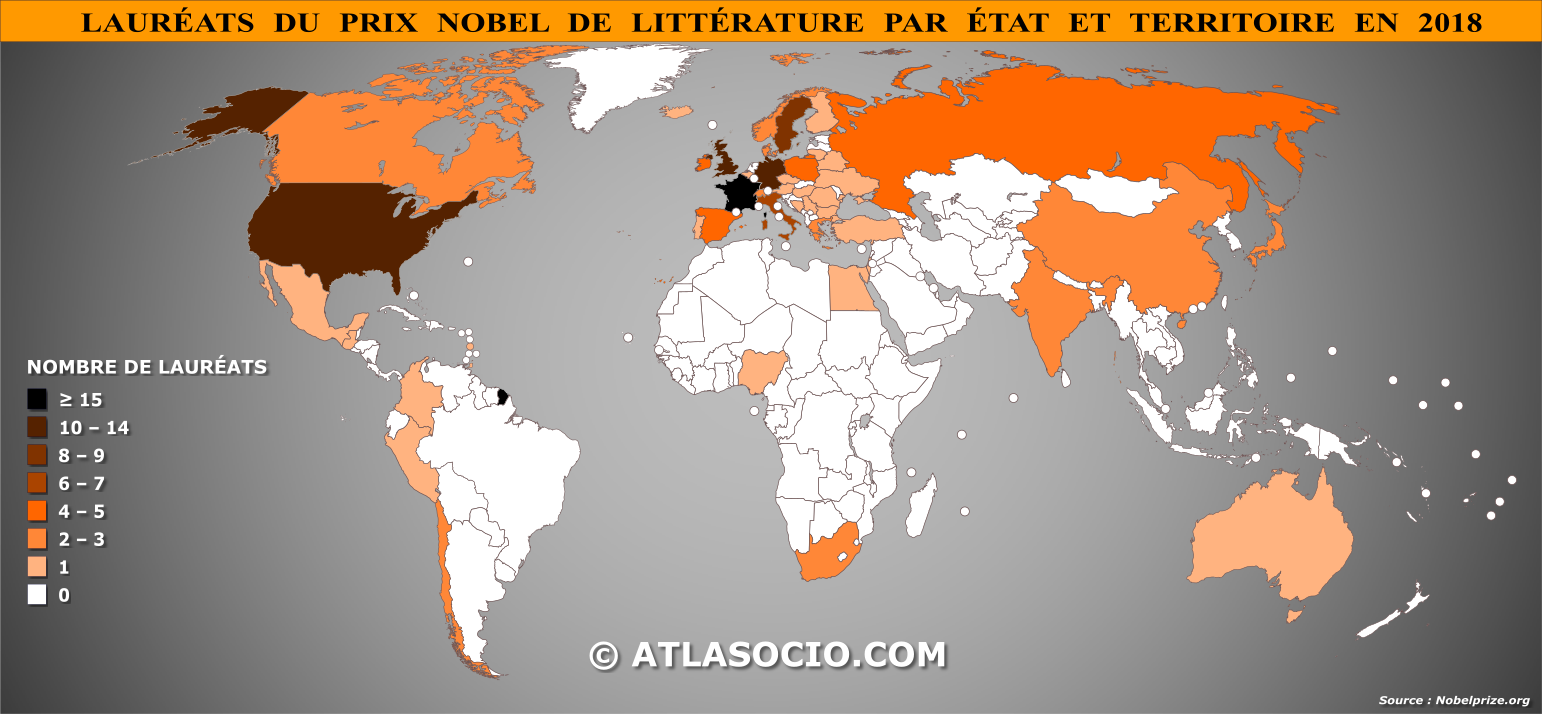 Carte du monde relative au nombre de Lauréats du prix Nobel de littérature par État en 2018