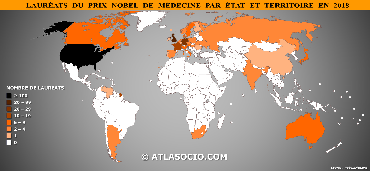 Carte du monde relative au nombre de Lauréats du prix Nobel de médecine par État en 2018