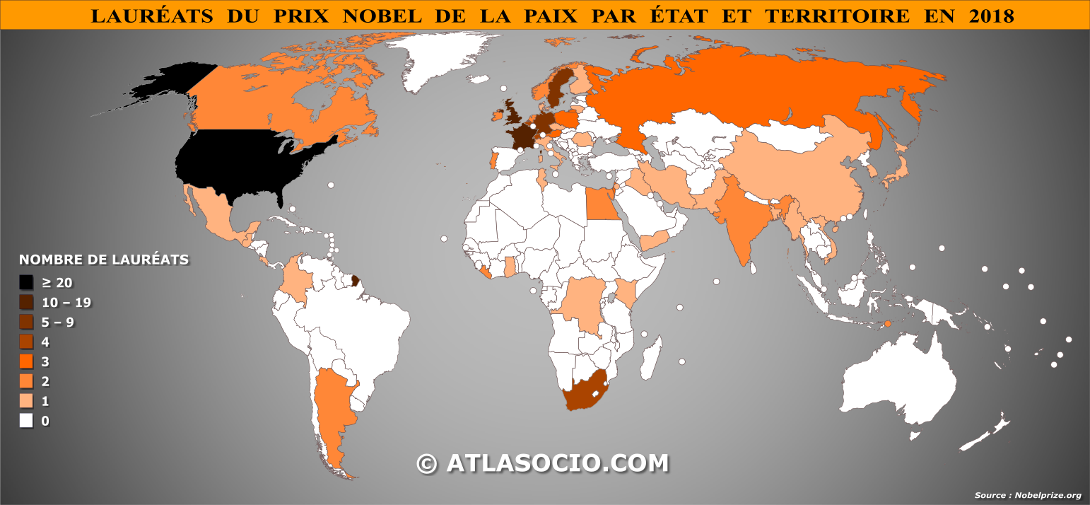 Carte du monde relative au nombre de Lauréats du prix Nobel de la paix par État en 2018