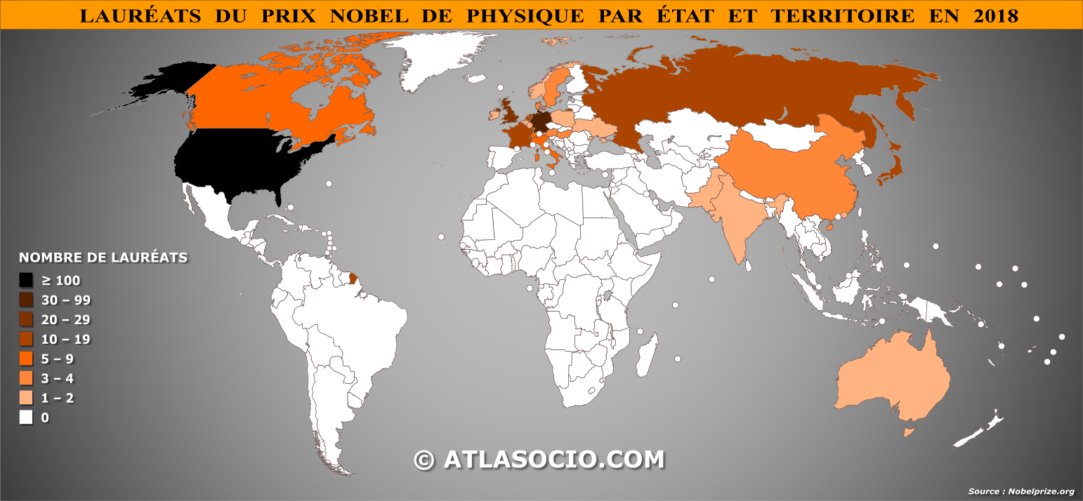 Carte du monde relative au nombre de Lauréats du prix Nobel de physique par État en 2018