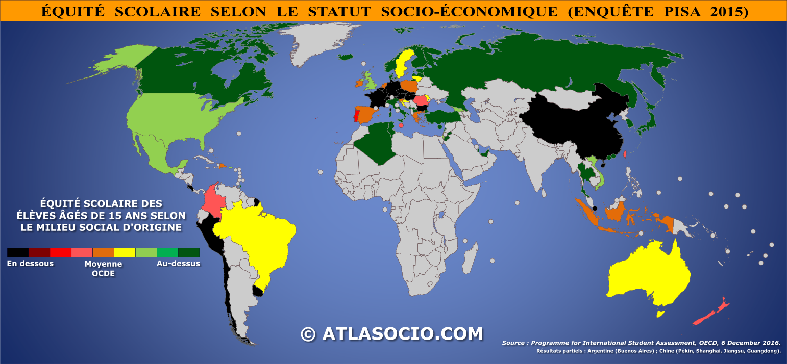 Carte du monde relative à l'équité scolaire selon le statut socio-économique par État en 2015