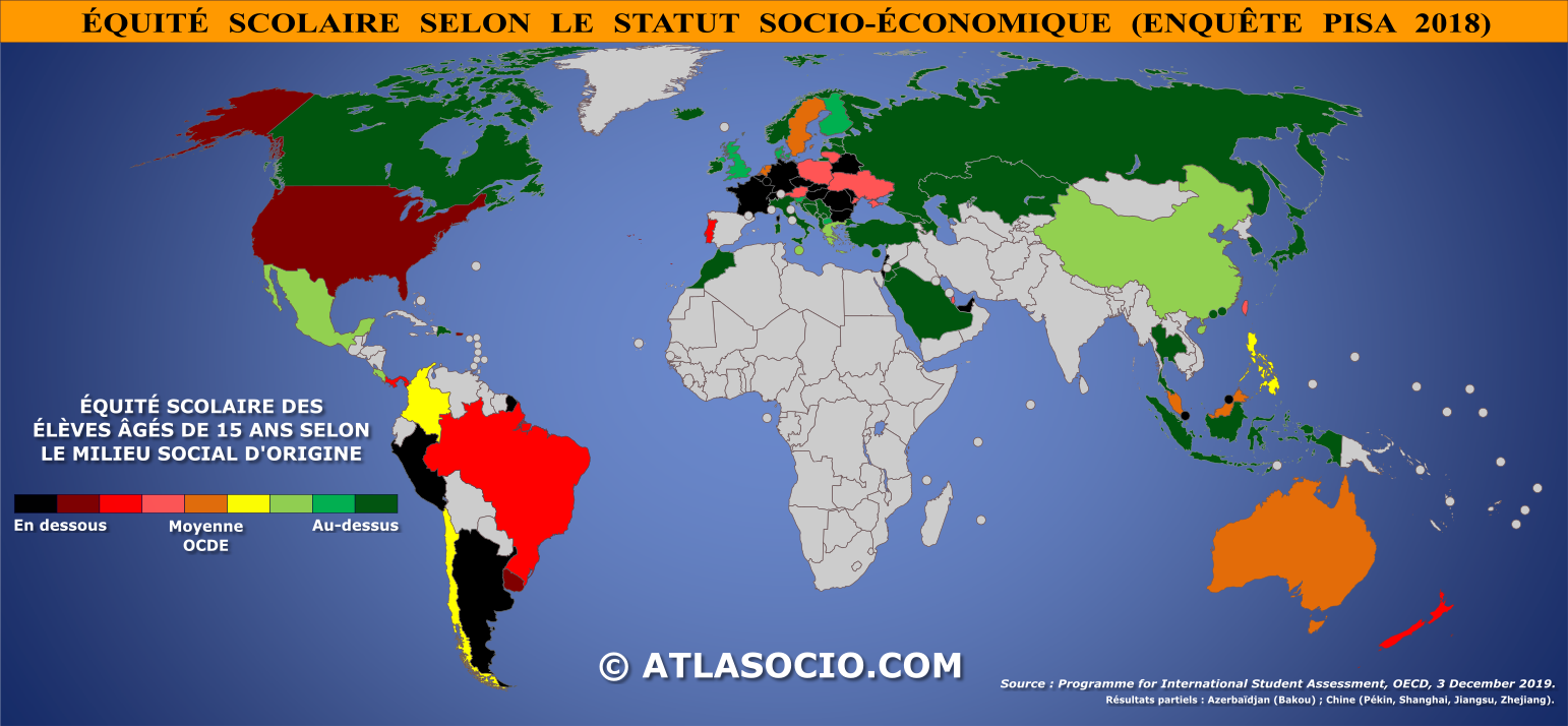 Carte du monde relative à l'équité scolaire selon le milieu social.