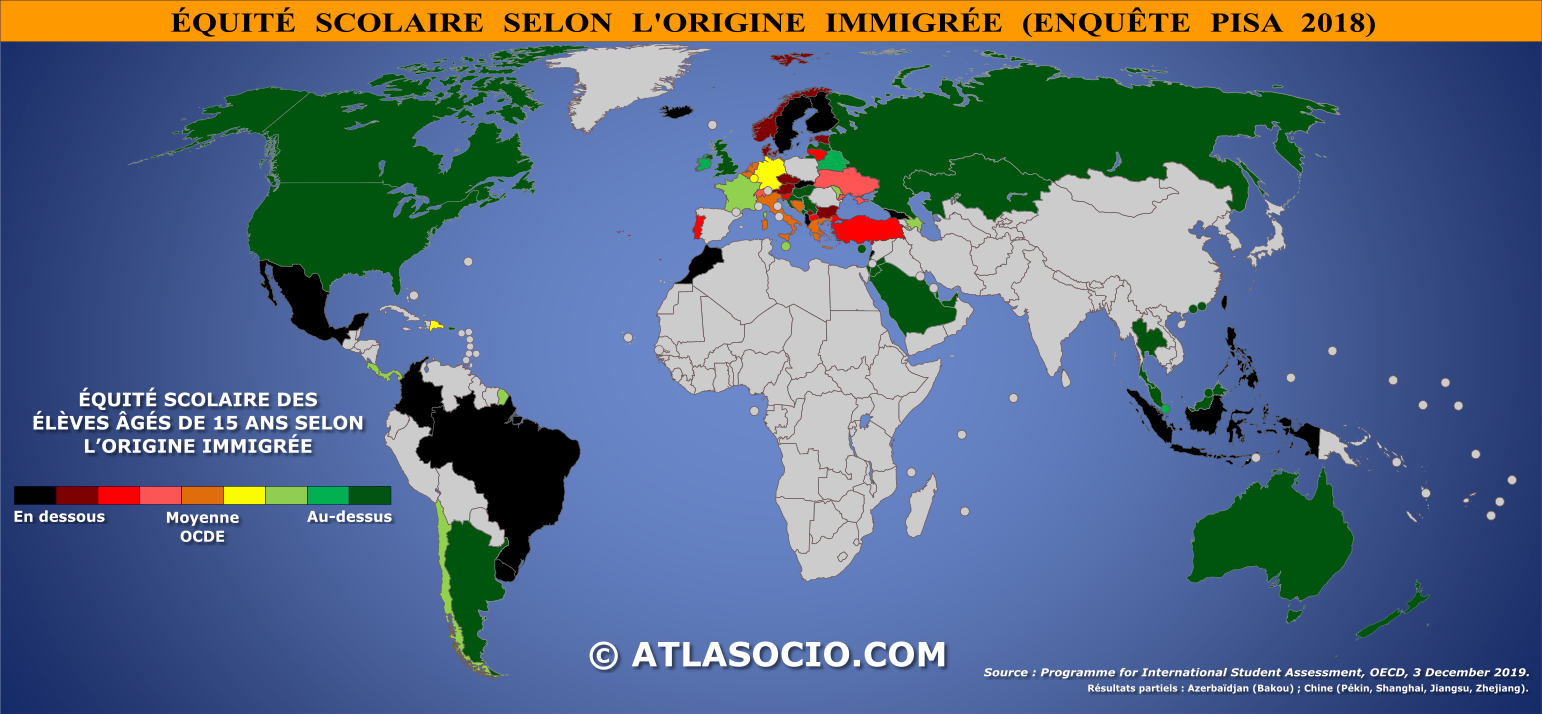 Carte du monde relative à l'équité scolaire selon l'origine immigrée.