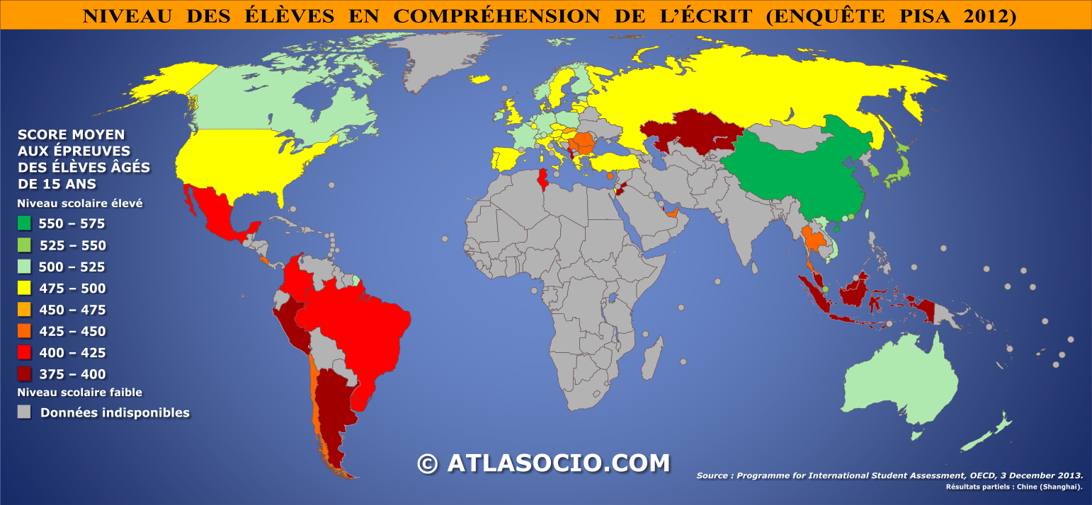 Carte du monde relative au niveau des élèves en compréhension de l’écrit par État en 2012