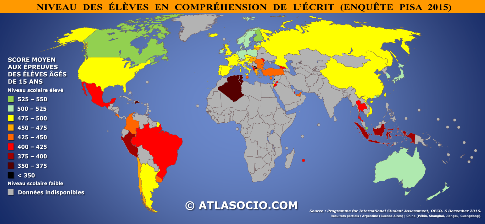 Carte du monde relative au niveau des élèves en compréhension de l’écrit par État en 2015