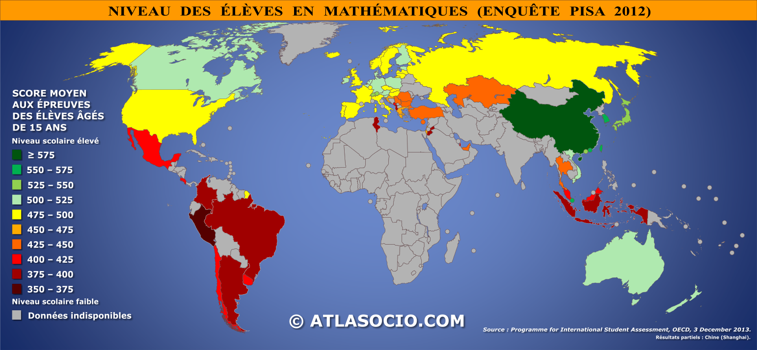 Carte du monde relative au niveau des élèves âgés de 15 ans en mathématiques par État en 2012