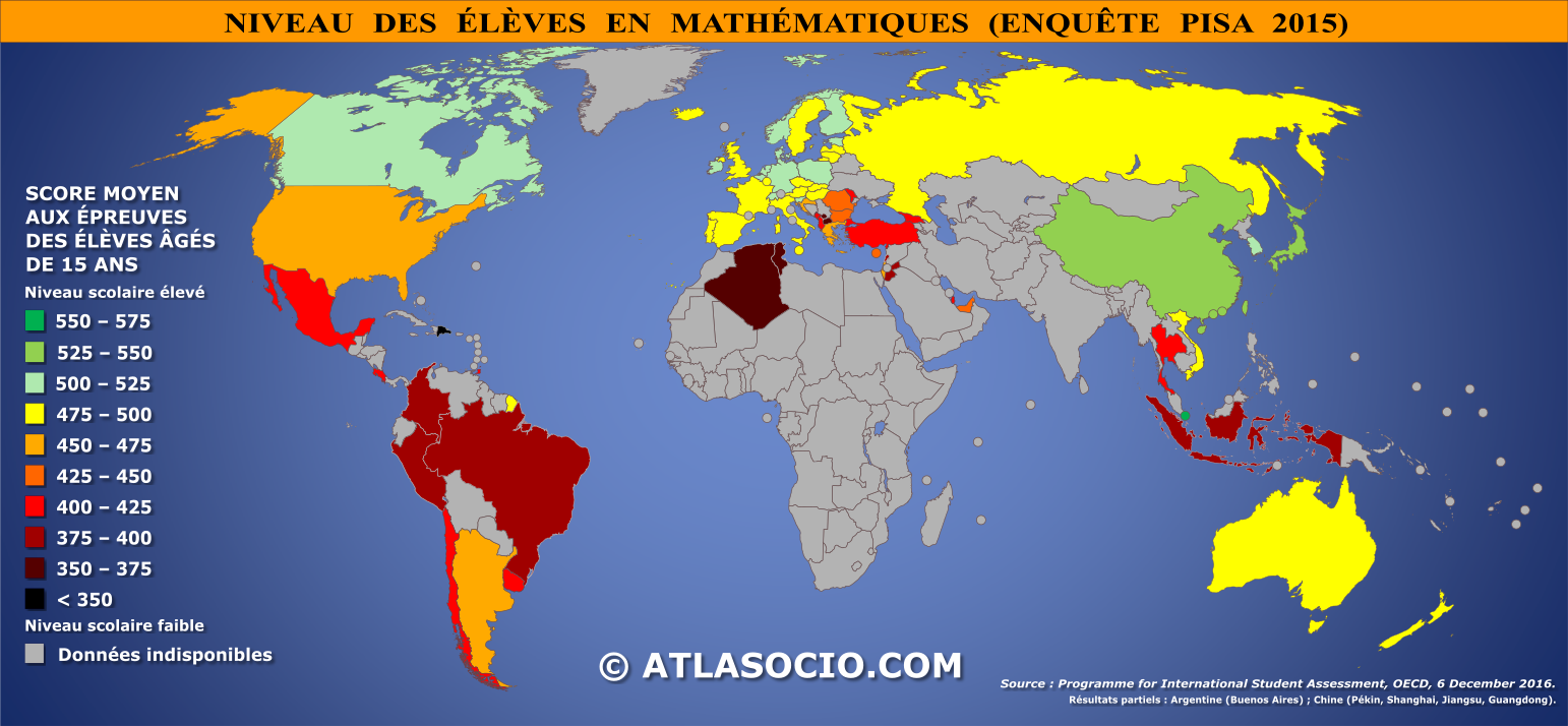 Carte du monde relative au niveau des élèves âgés de 15 ans en mathématiques par État en 2015