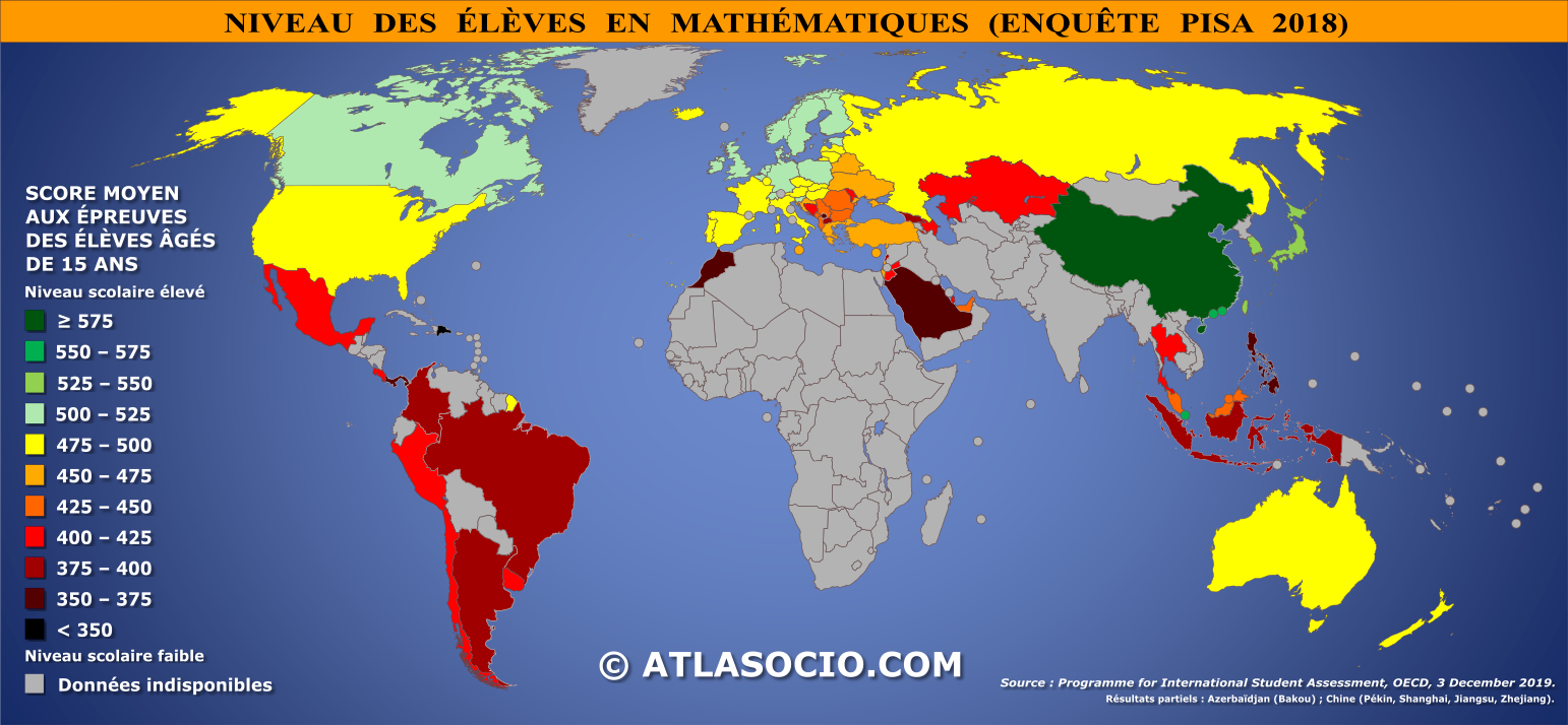Carte du monde relative au niveau des élèves âgés de 15 ans en mathématiques par État en 2018