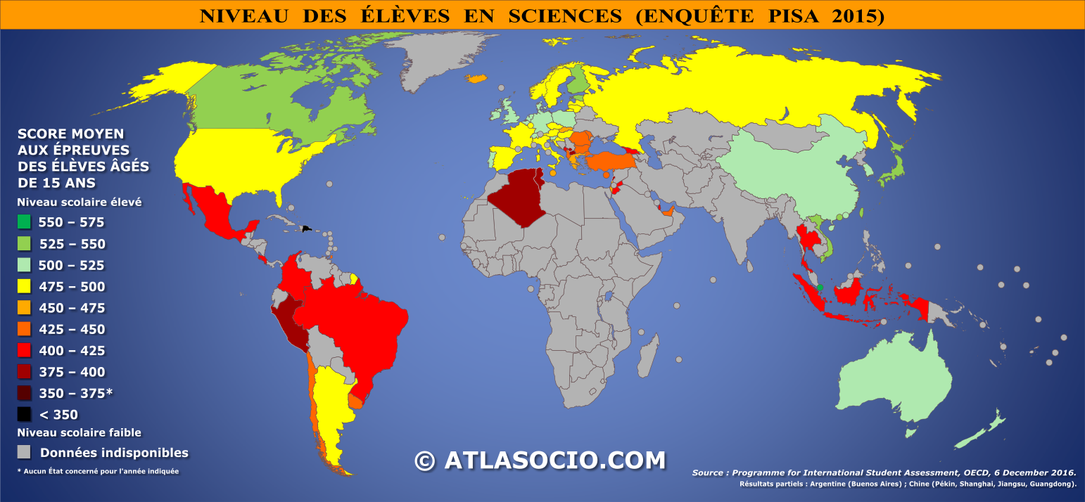 Carte du monde relative au niveau des élèves en sciences par État en 2015