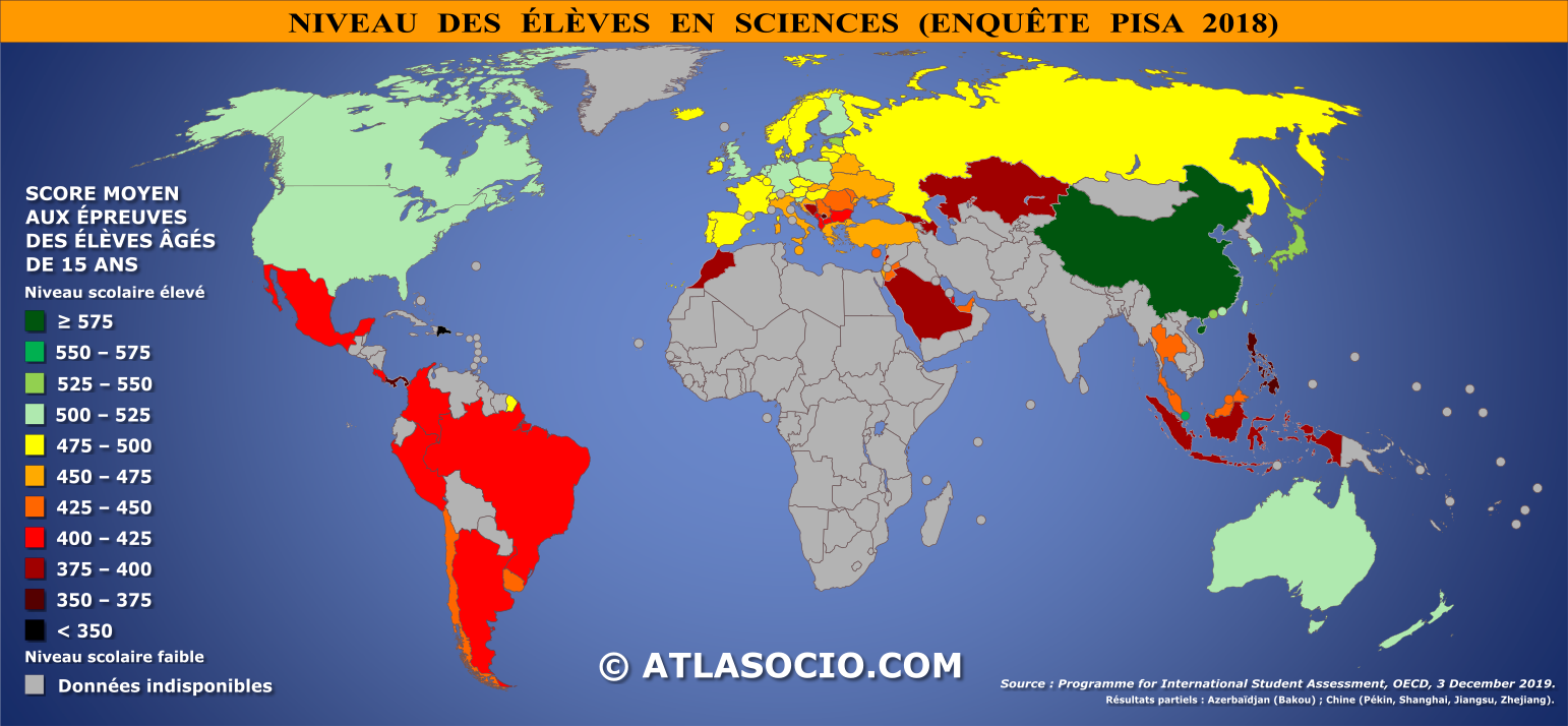 Carte du monde relative au niveau des élèves âgés de 15 ans en sciences.