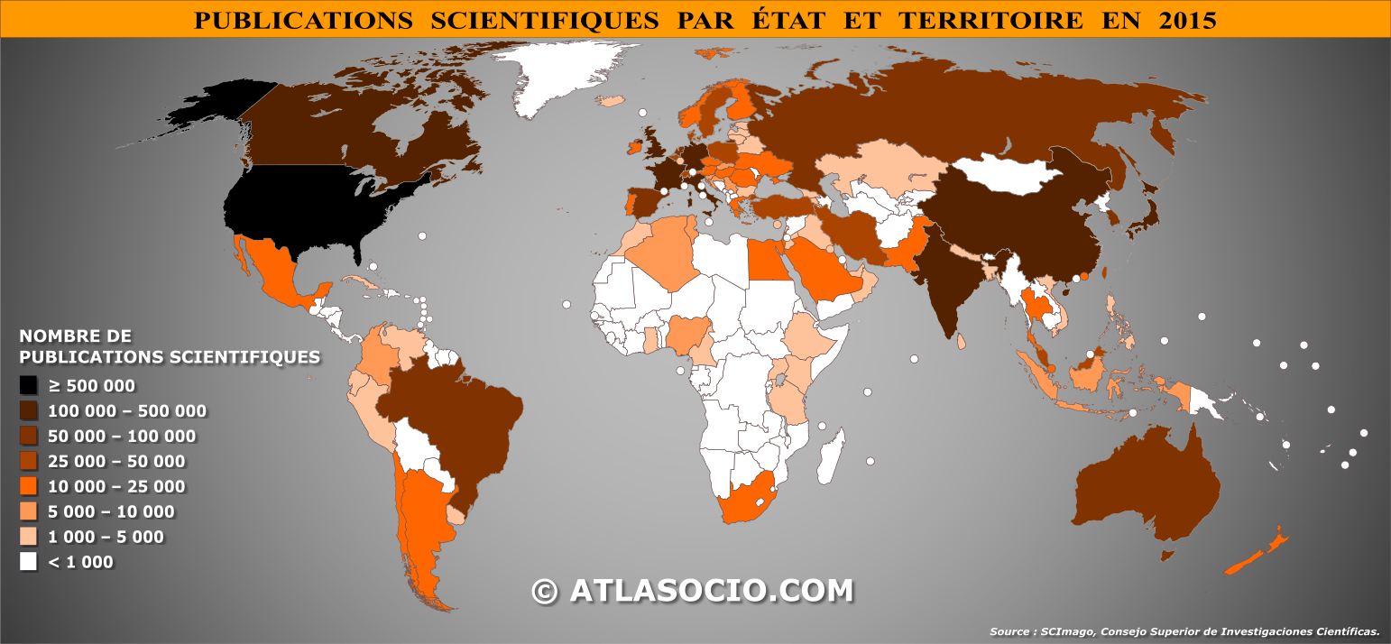 Carte du monde relative au nombre annuel de publications scientifiques par État en 2015