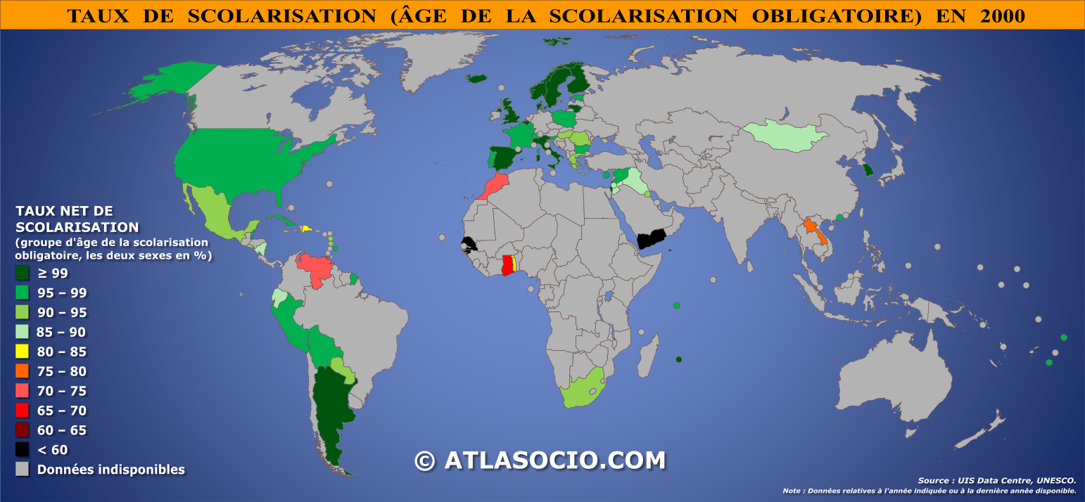 Carte du monde relative au taux de scolarisation pour le groupe d’âge de l’éducation obligatoire par État en 2000