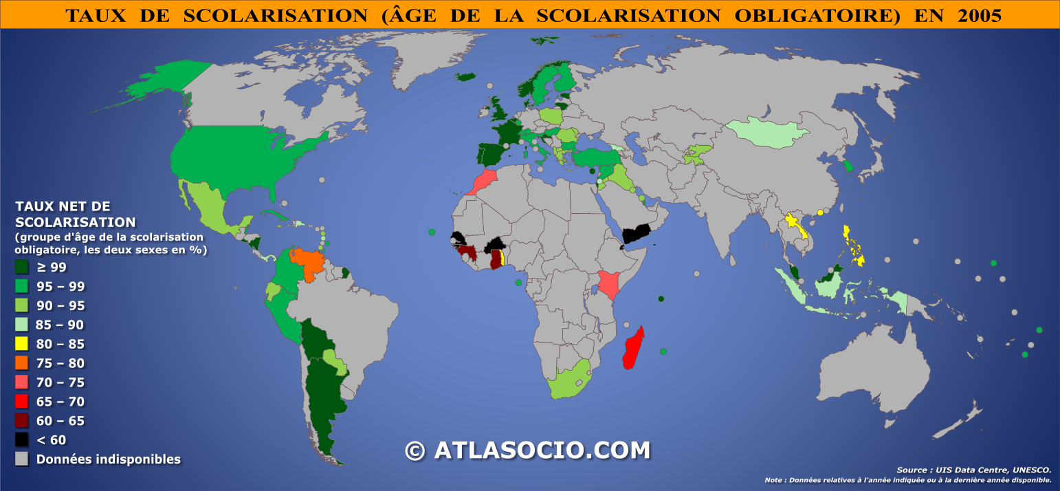 Carte du monde relative au taux de scolarisation pour le groupe d’âge de l’éducation obligatoire par État en 2005