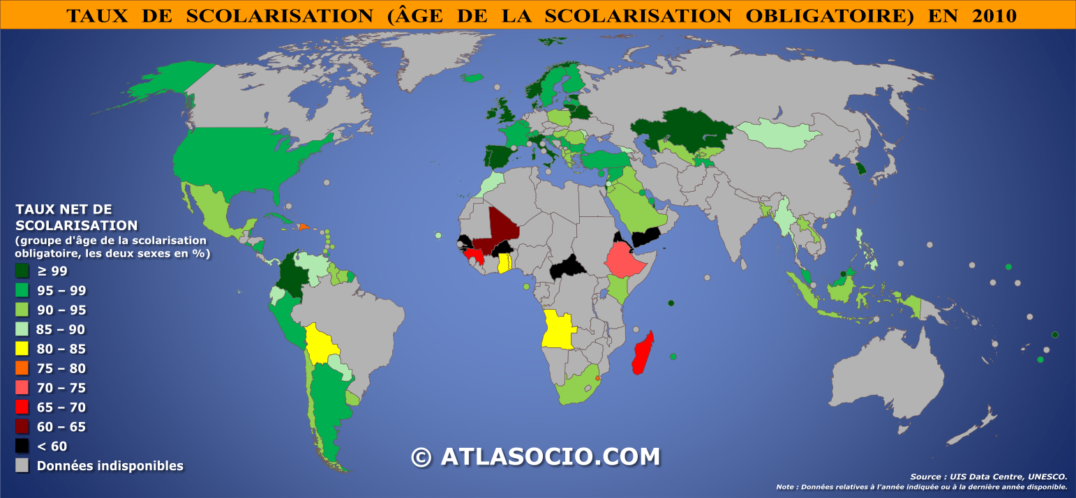 Carte du monde relative au taux de scolarisation pour le groupe d’âge de l’éducation obligatoire par État en 2010