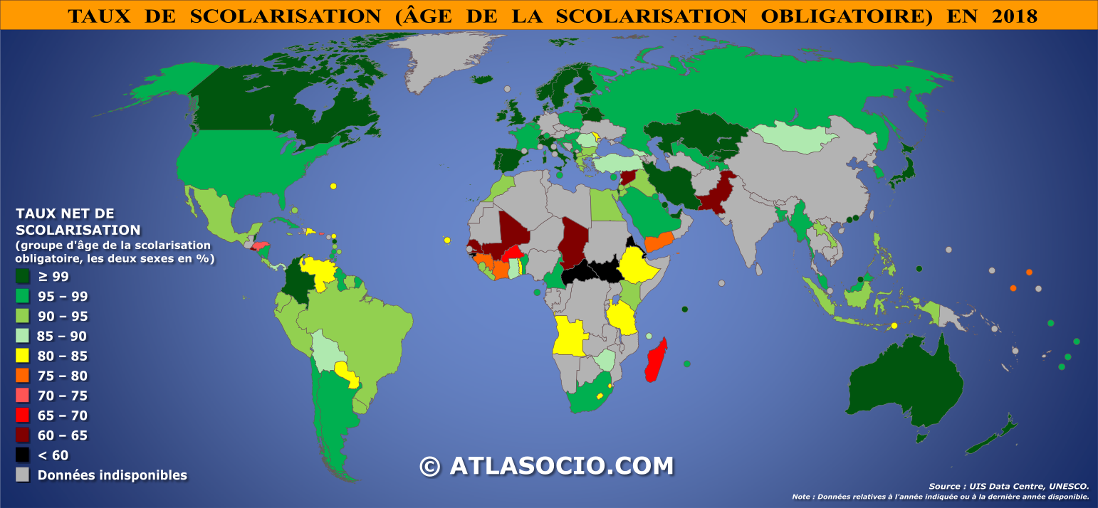 Carte du monde relative au taux de scolarisation pour le groupe d’âge de l’éducation obligatoire par État en 2018