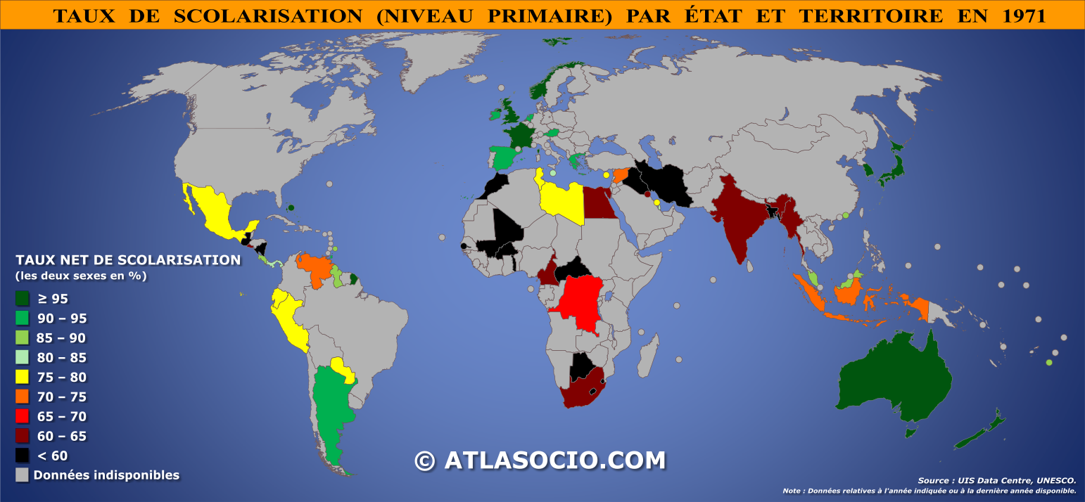 Carte du monde relative au taux de scolarisation au niveau primaire par État en 1971