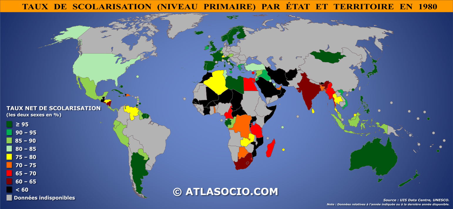 Carte du monde relative au taux de scolarisation au niveau primaire par État en 1980