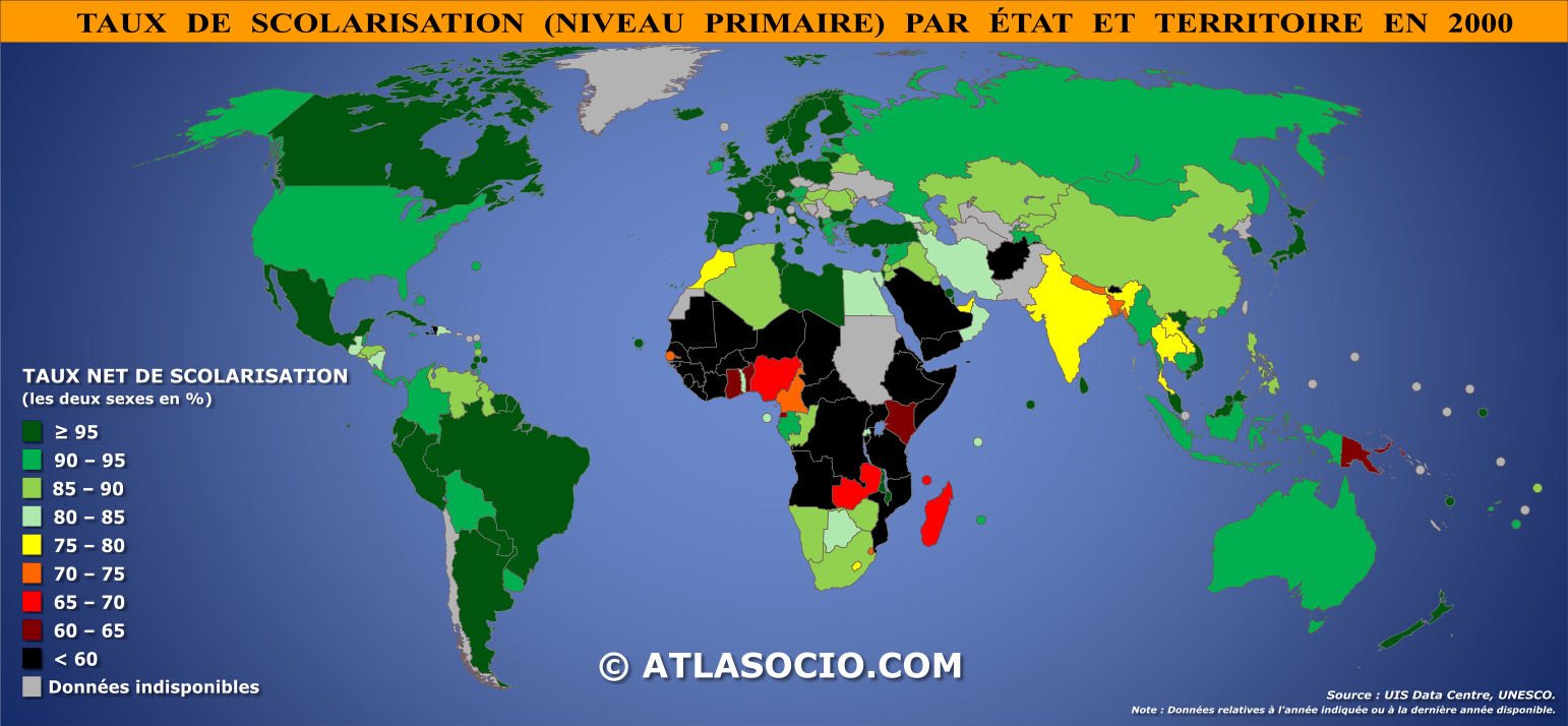 Carte du monde relative au taux de scolarisation au niveau primaire par État en 2000