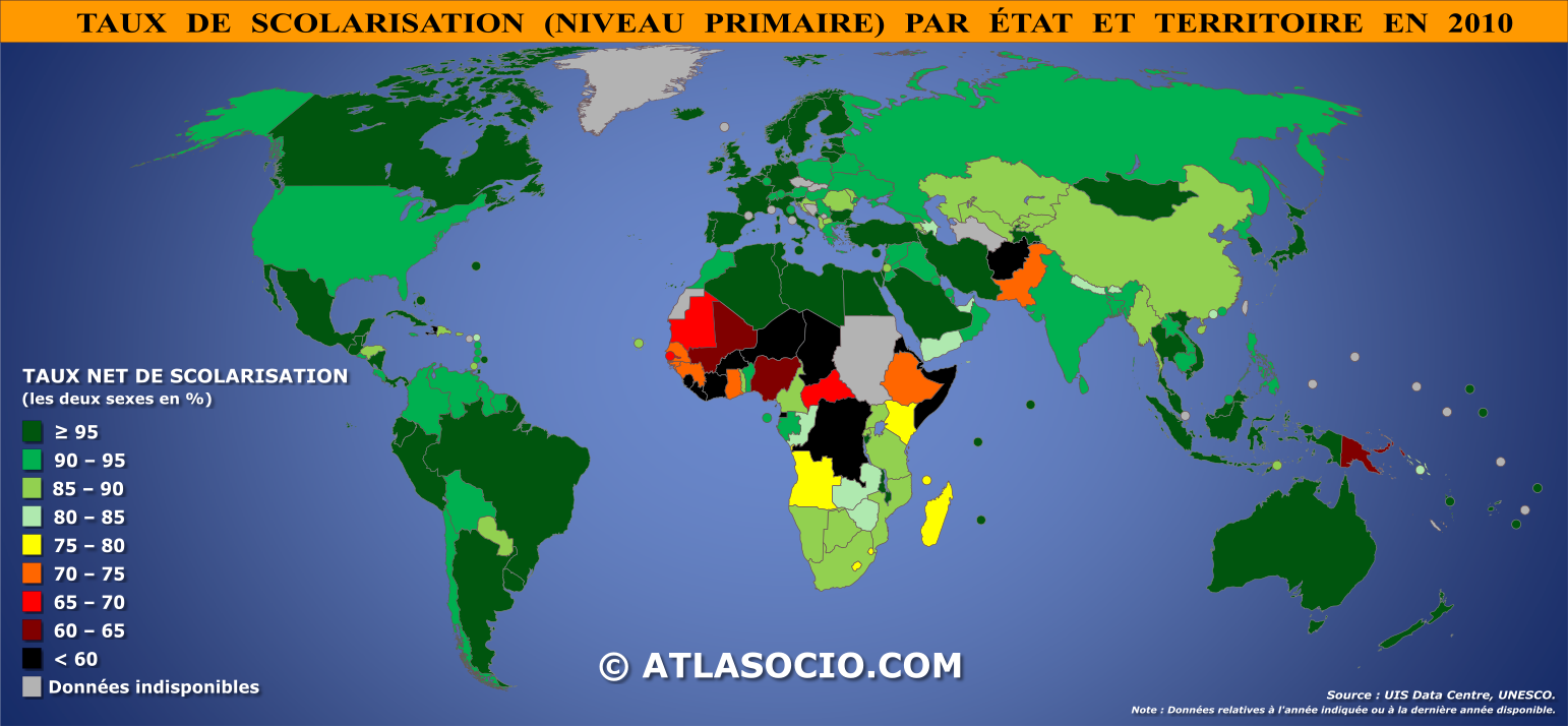 Carte du monde relative au taux de scolarisation au niveau primaire par État en 2010