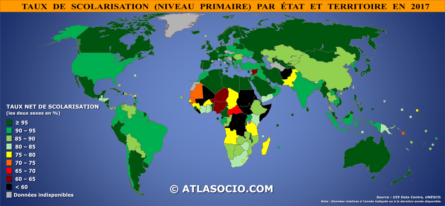 Carte du monde relative au taux de scolarisation au niveau primaire par État en 2017