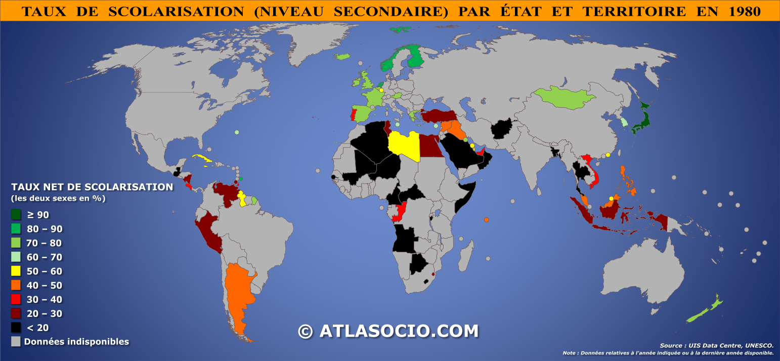 Carte du monde relative au taux de scolarisation au niveau secondaire par État en 1980