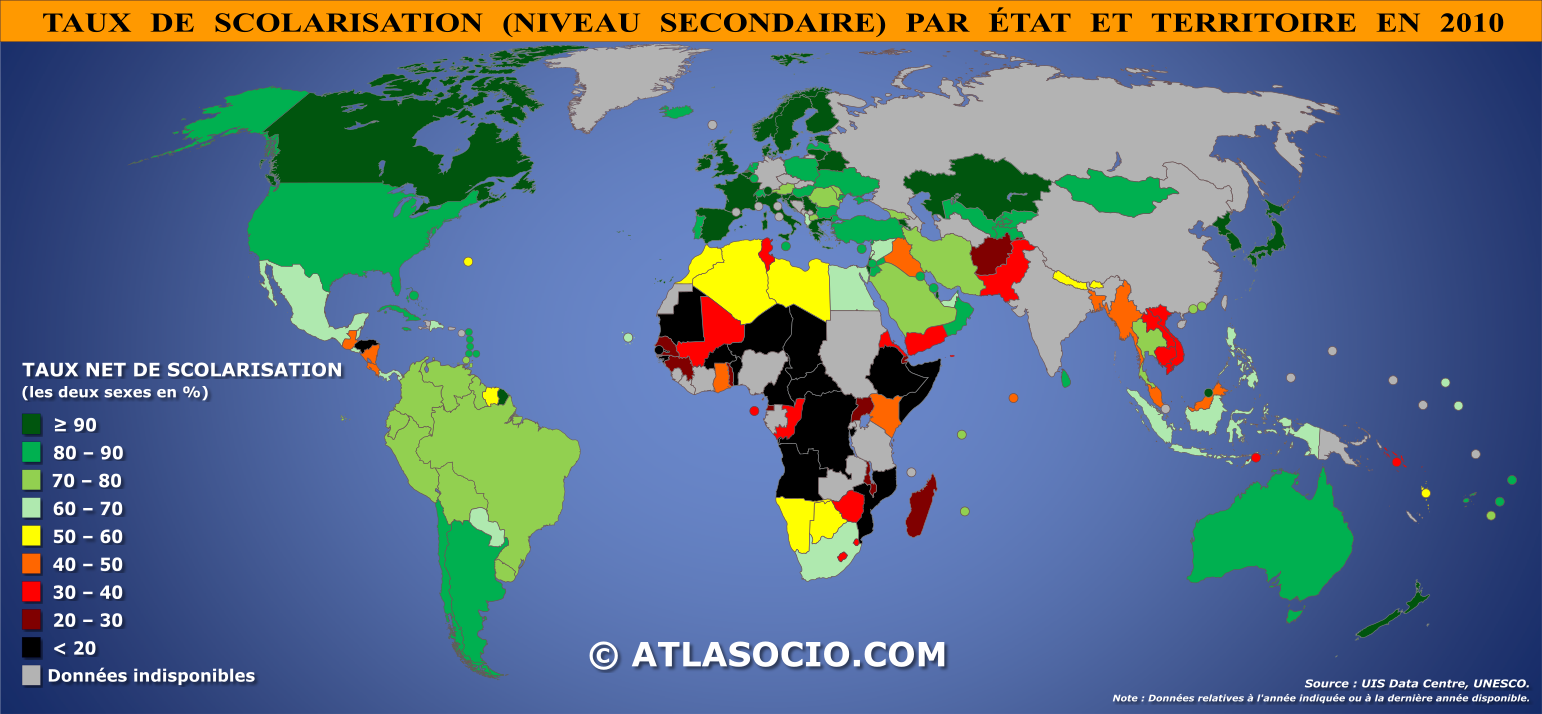 Carte du monde relative au taux de scolarisation au niveau secondaire par État en 2010