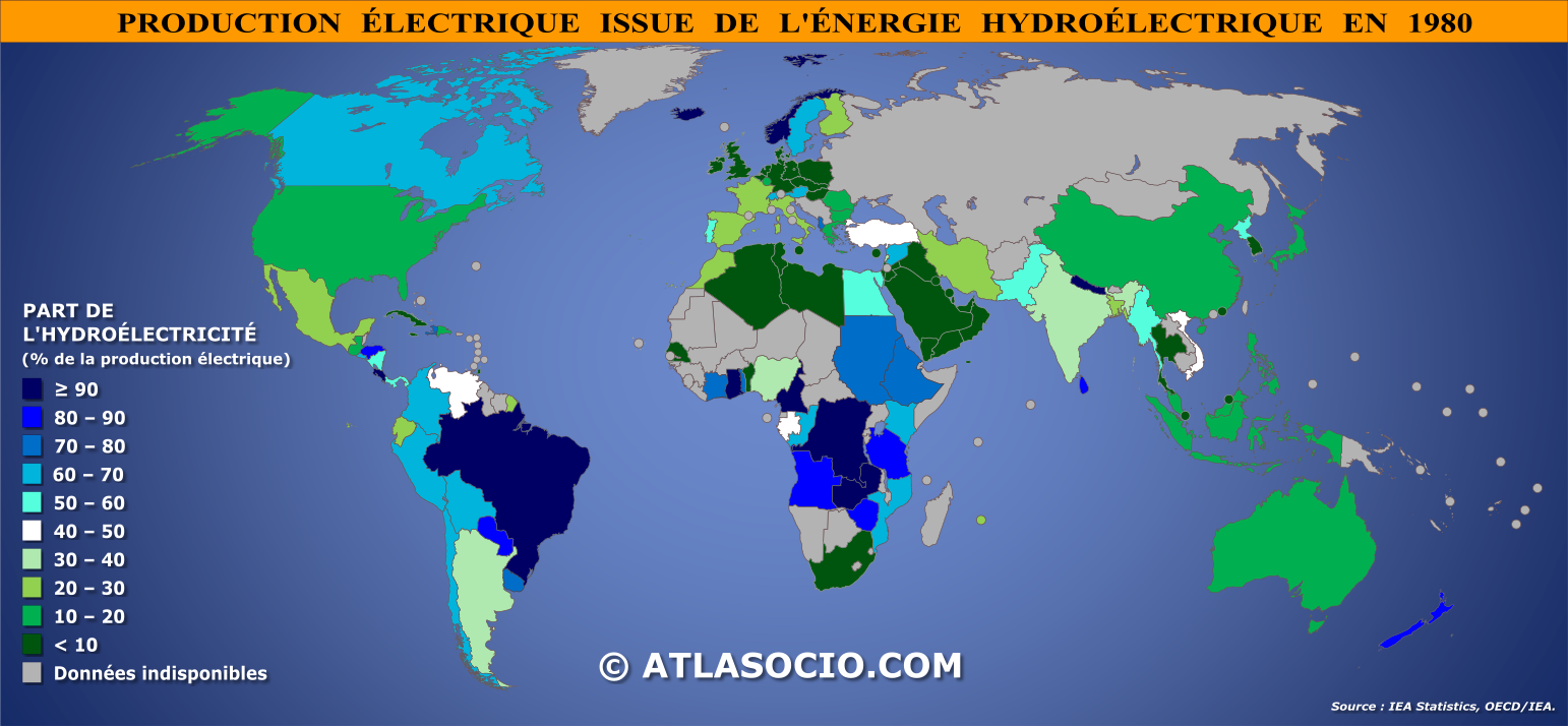 Carte du monde relative à la part de l'énergie électrique issue de l'hydroélectricité par État en 1980 (% production électrique)