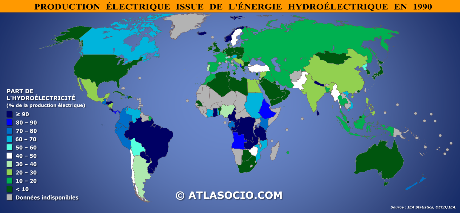 Carte du monde relative à la part de l'énergie électrique issue de l'hydroélectricité par État en 1990 (% production électrique)