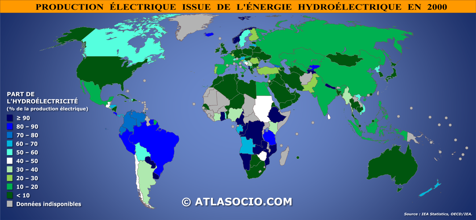 Carte du monde relative à la part de l'énergie électrique issue de l'hydroélectricité par État en 2000 (% production électrique)