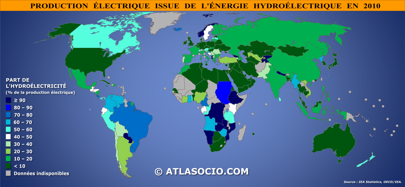 Carte du monde relative à la part de l'énergie électrique issue de l'hydroélectricité par État en 2010 (% production électrique)