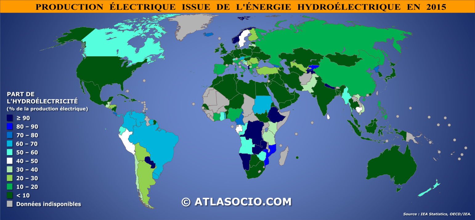 Carte du monde relative à la part de l'énergie électrique issue de l'hydroélectricité par État en 2015 (% production électrique)
