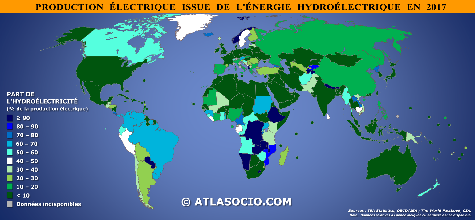 Carte du monde relative à la part de l'énergie électrique issue de l'hydroélectricité par État en 2017 (% production électrique)