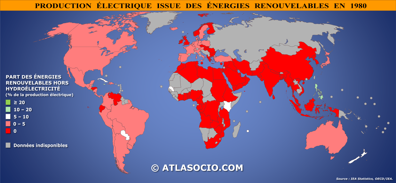 Carte du monde relative à la part de l'énergie électrique issue des énergies renouvelables par État en 1980 (%)
