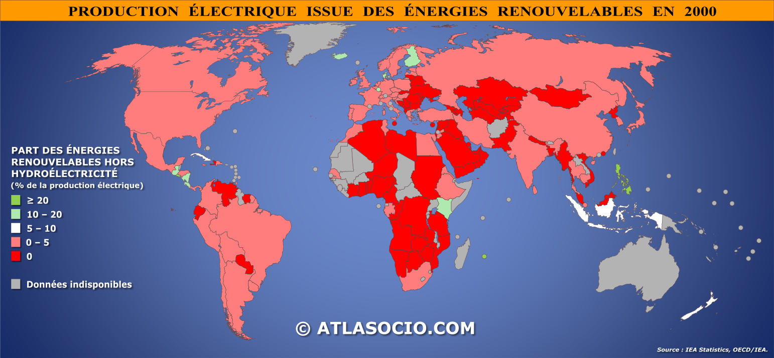 Carte du monde relative à la part de l'énergie électrique issue des énergies renouvelables par État en 2000 (%)