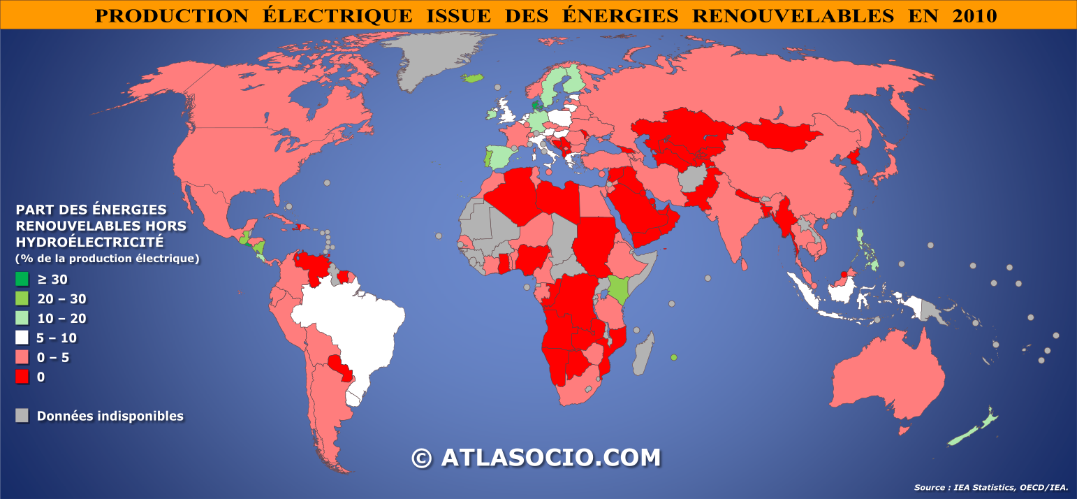 Carte du monde relative à la part de l'énergie électrique issue des énergies renouvelables par État en 2010 (%)